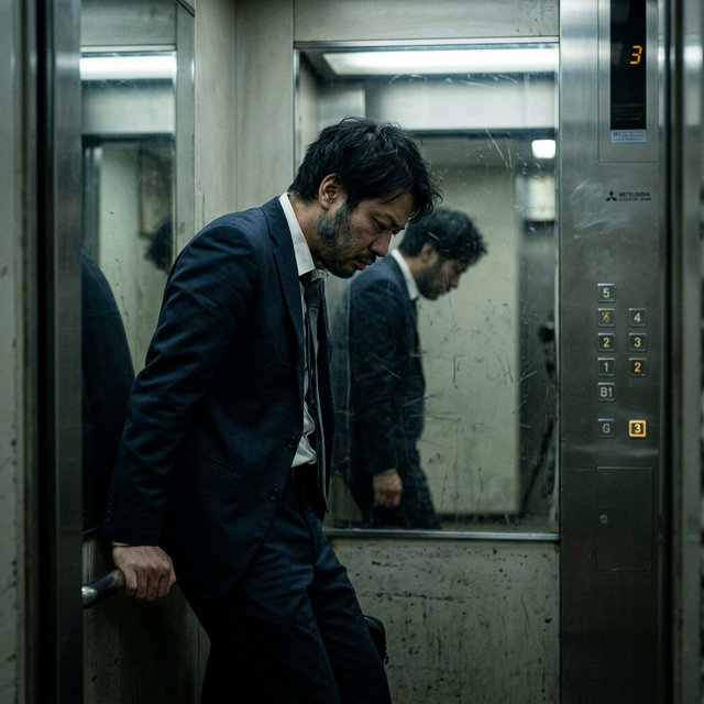 エレベーターで自分の顔を見て落ち込む男性